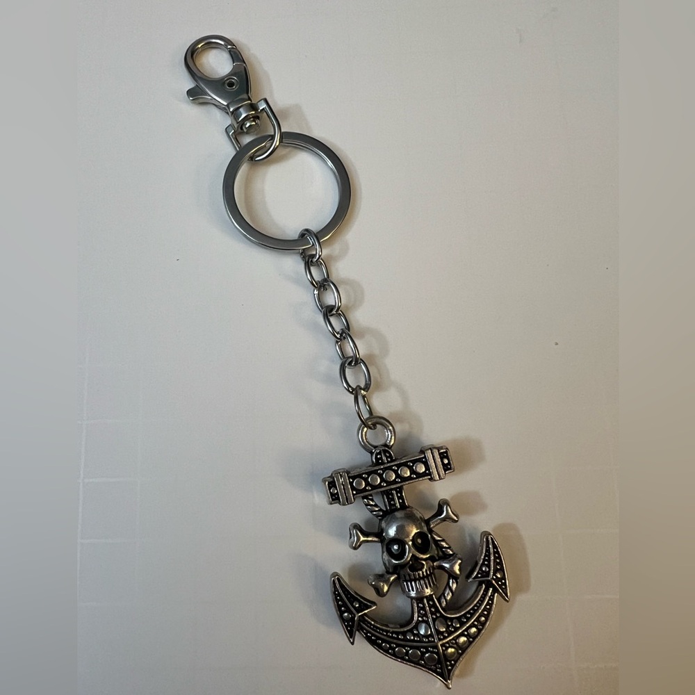 Silvertone Crossbones Skull Keychain with charm lobster claw hook